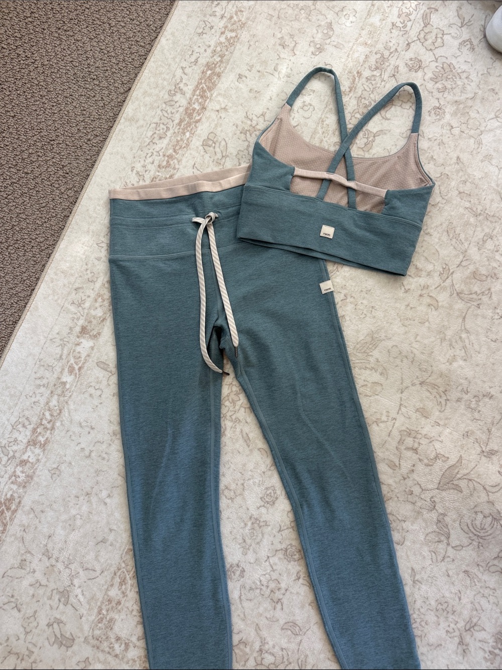Vuori Yoga Teal & Beige Bralette and Leggings Set